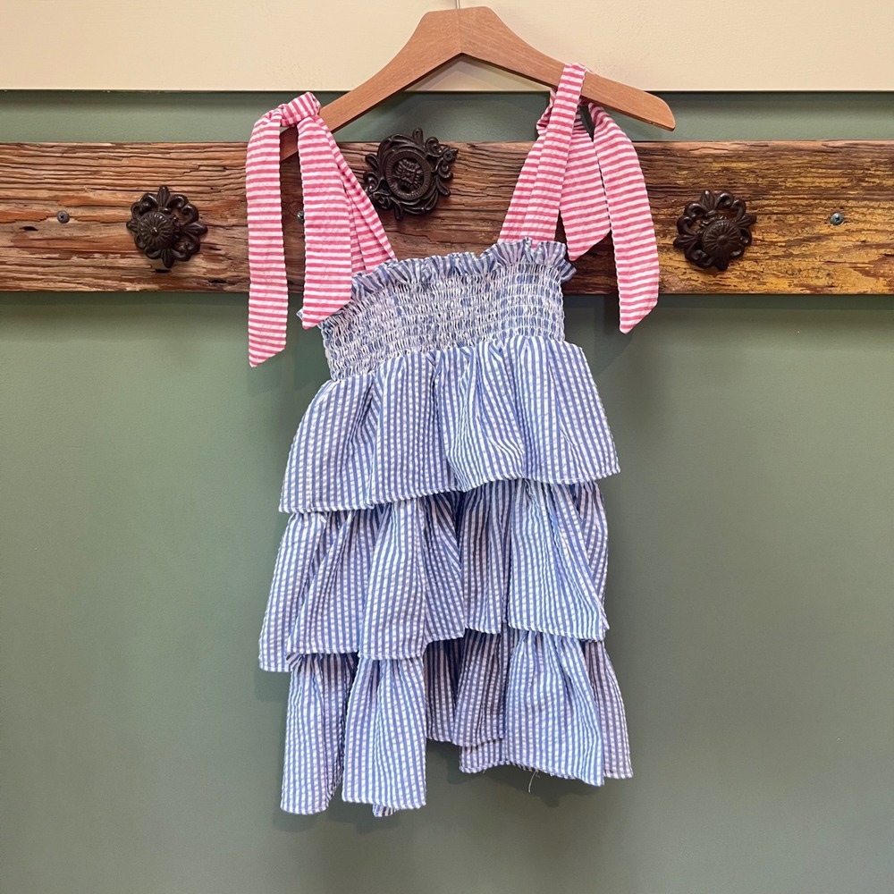 Cecil and Lou Kids Blue Red Seersucker Striped Tiered Smocked Ruffle Dress 5T
